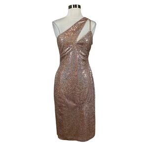 AQUA Sequined One Shoulder Midi Sheath Cocktail Dress Rose Gold Pink Size 6